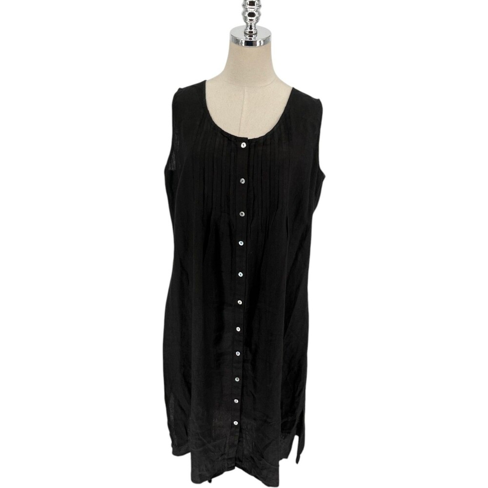 Russ Berens Dress Women's Size Large Black Linen Sleeveless Pintuck Lagenlook